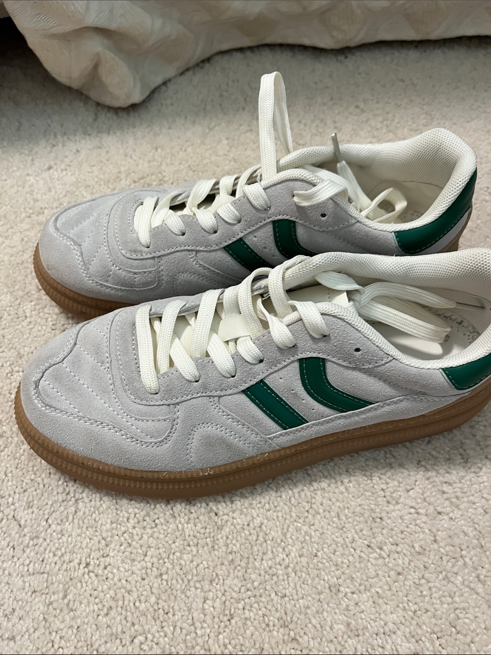 Steve Madden Light Gray Suede Sneakers with Green Stripes